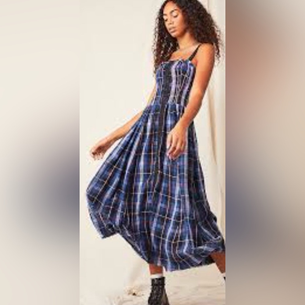 Free People Plaid All Tucked In Midi Dress.